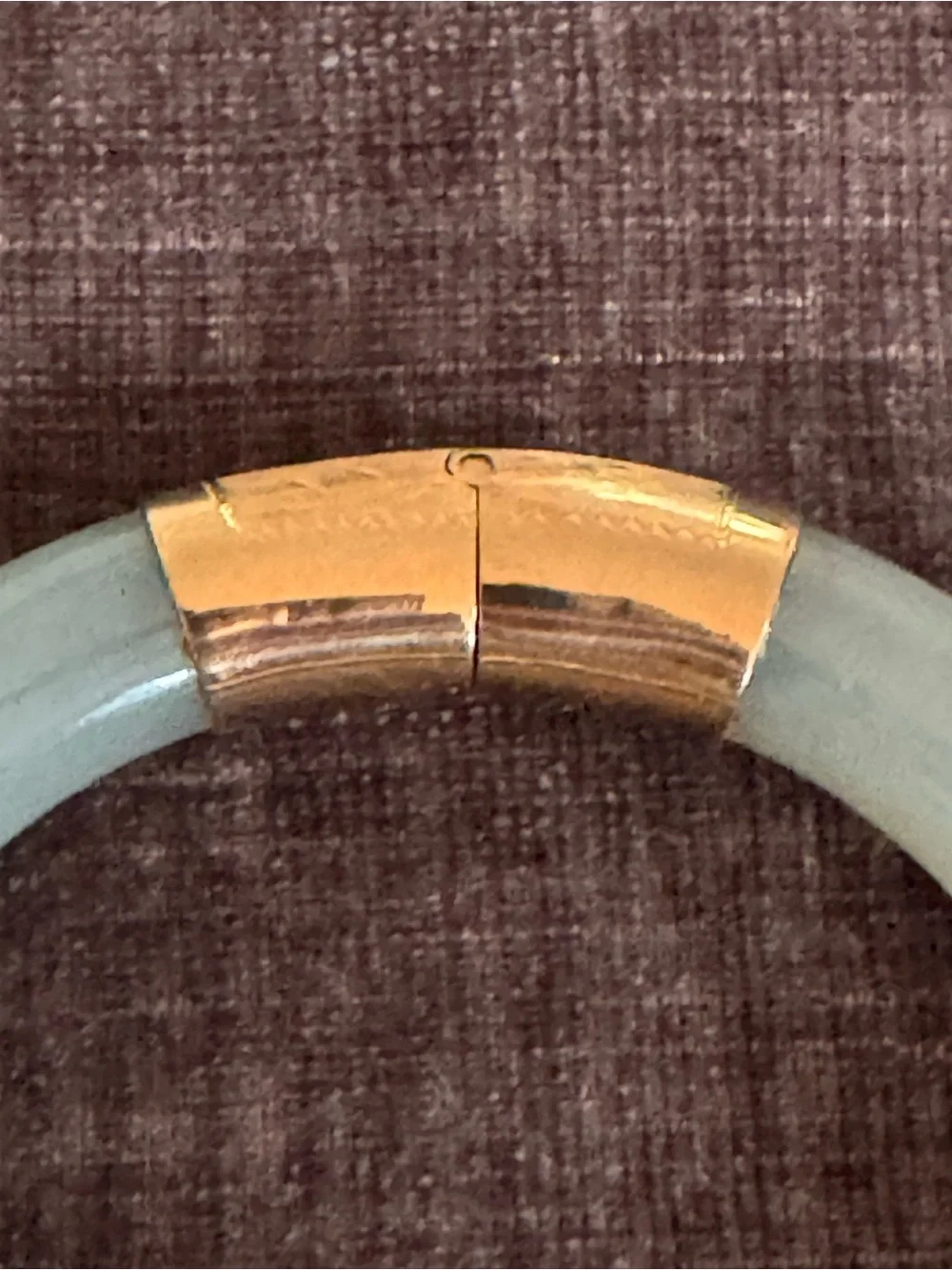 Vintage 14K Yellow Gold, Engraved Hinge and Plunger Clasp Jadeite Jade Bangle